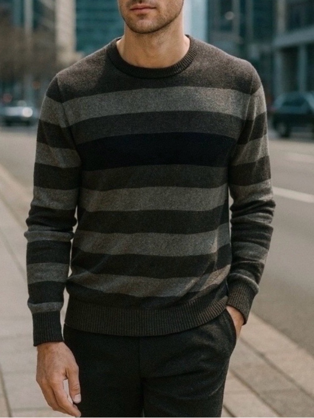 Vince Men's Crewneck Sweater 100% Cashmere Gray Black Stripe XL